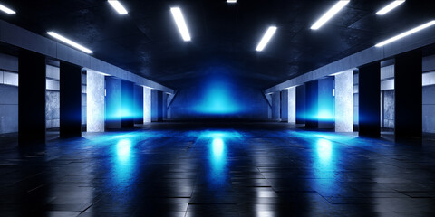 Smoke Fog Hangar Cyber Technology Sci Fi Futuristic Tunnel Corridor Cement Concrete Grunge Underground Basement Laser Neon Glowing Empty Space Showroom Background Graphic 3D Rendering