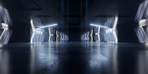 Cyber Sci Fi Futuristic Stage Showcase White Beams Neon Lasers On Dark Showroom Tunnel Corridor Warehouse Garage Hangar Alien Spaceship Grunge Concrete Realistic 3D Rendering