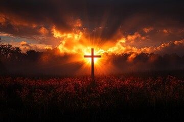 Obraz premium Divine sunrise illuminating a cross, golden sky, spiritual and serene atmosphere