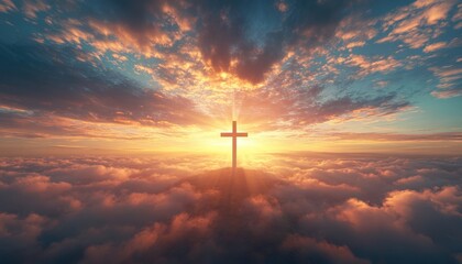 Obraz premium Divine sunrise illuminating a cross, golden sky, spiritual and serene atmosphere