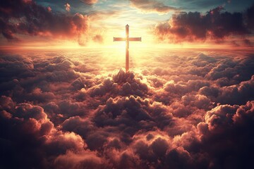 Fototapeta premium Divine sunrise illuminating a cross, golden sky, spiritual and serene atmosphere