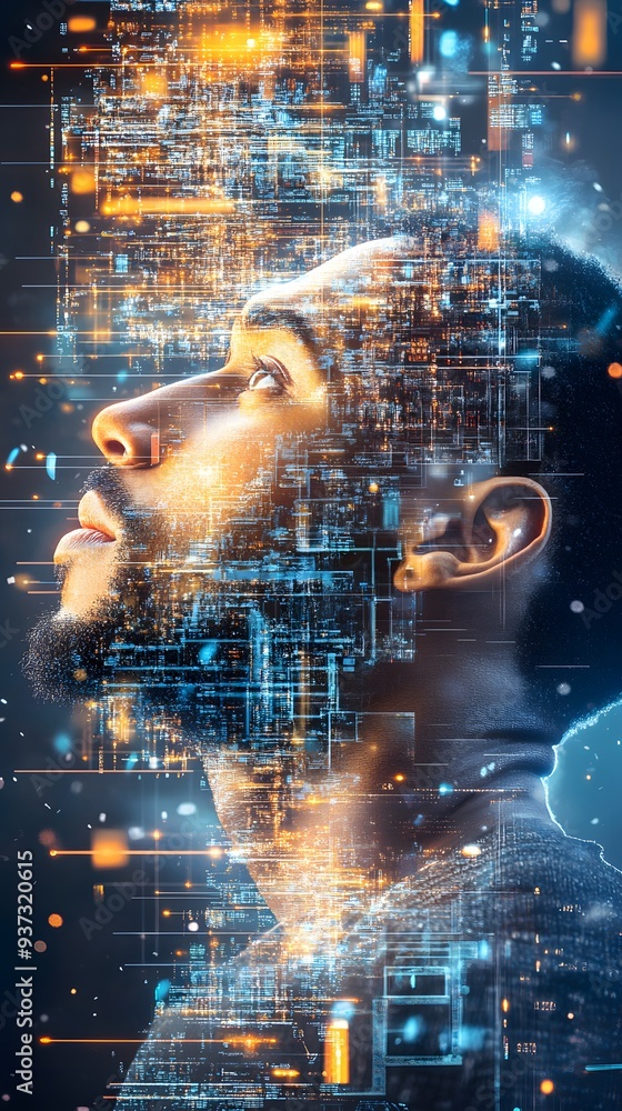 Aufkleber digital mind - man with abstract data overlap.