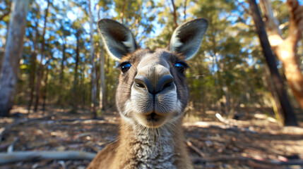 Obraz premium Funny kangaroo face looking directly into the camera against the backdrop of an Australian forest