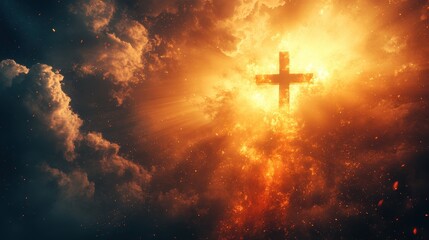Fototapeta premium Divine sunrise illuminating a cross, golden sky, spiritual and serene atmosphere