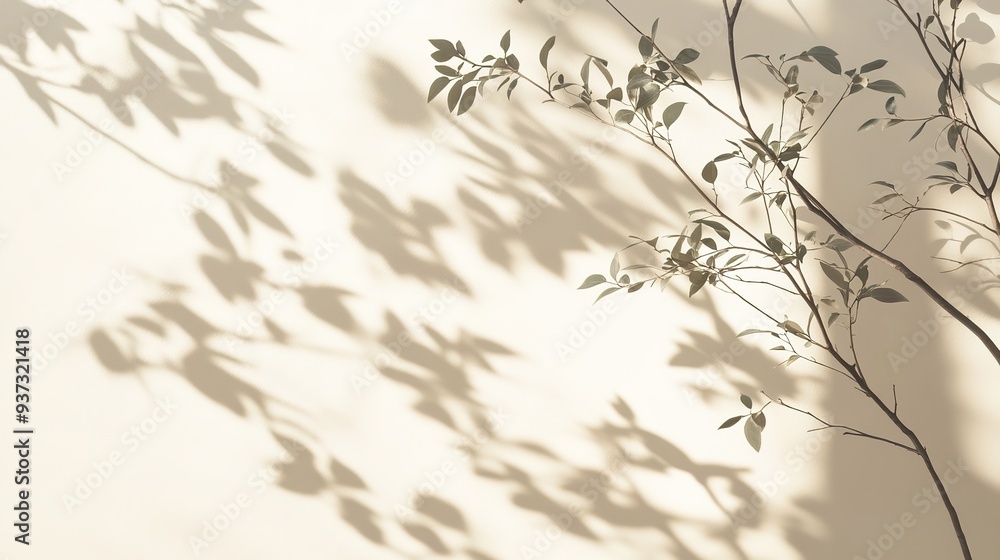 Poster minimalistic abstract light beige background with intricate shadows from a window and wall vegetatio