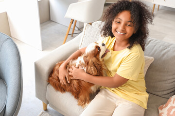 Teen African-American girl with cute cavalier King Charles spaniel sitting on sofa at home
