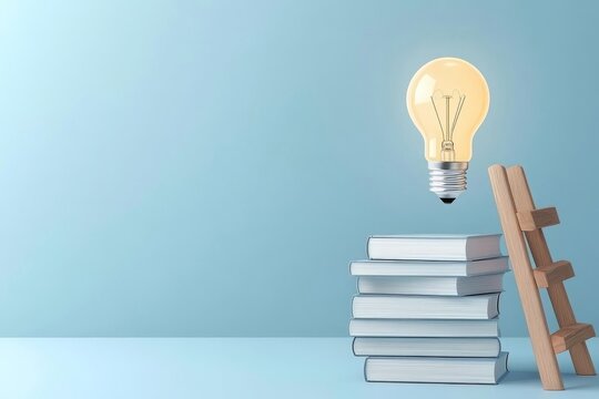 A light bulb on top of a wooden ladder leaning against a stack of books