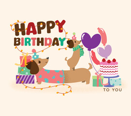 Happy birthday greeting card with cute dachshund puppy, flat and colorful illustration.
