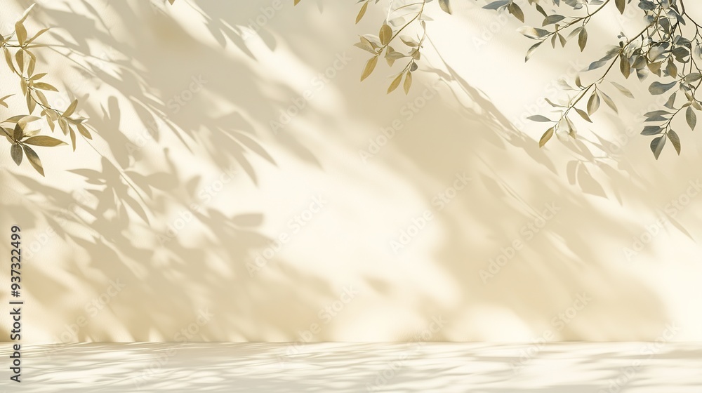 Poster minimalistic light beige background with shadows from window and vegetation for product showcases