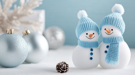 Obraz premium Two snowmen, dressed in blue hats and scarves, are accompanied by a pinecone and silver Christmas balls, highlighting a charming winter setting.