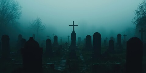 Foggy Cemetery with Cross and Tombstones at Dusk