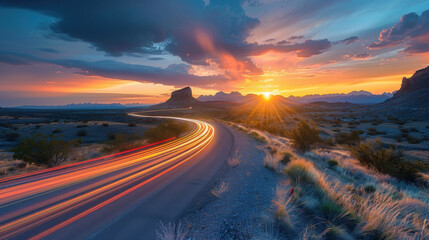 road in the Arizona desert. sunset. blue tones. high speed photography. 