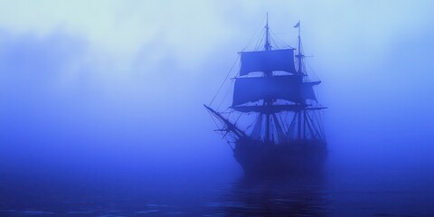Fototapeta premium Sailboat in Fog Ocean Blue Sky Sea Water Foggy Mysterious Silhouette Dramatic Landscape Horizon