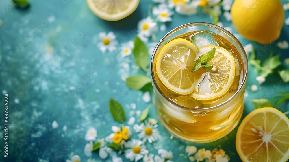 Poster a refreshing glass of iced green tea with thinly sliced lemon creating a crisp hydrating and soothin