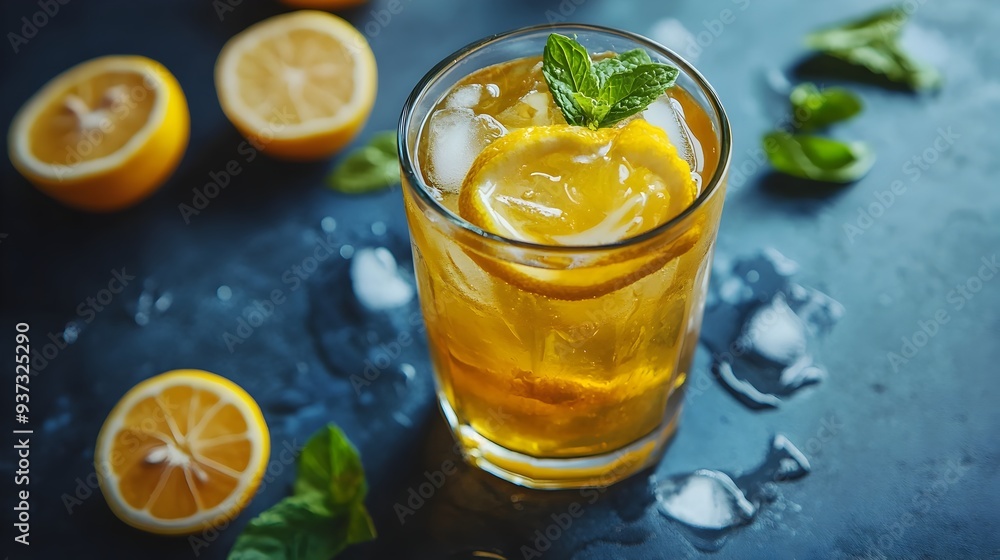 Poster refreshing and healthy iced green tea with fresh lemon slices served in a transparent glass on a woo