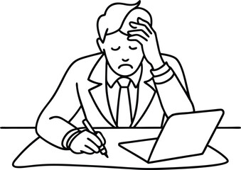 stressed and overworked businessman line art illustration black and white