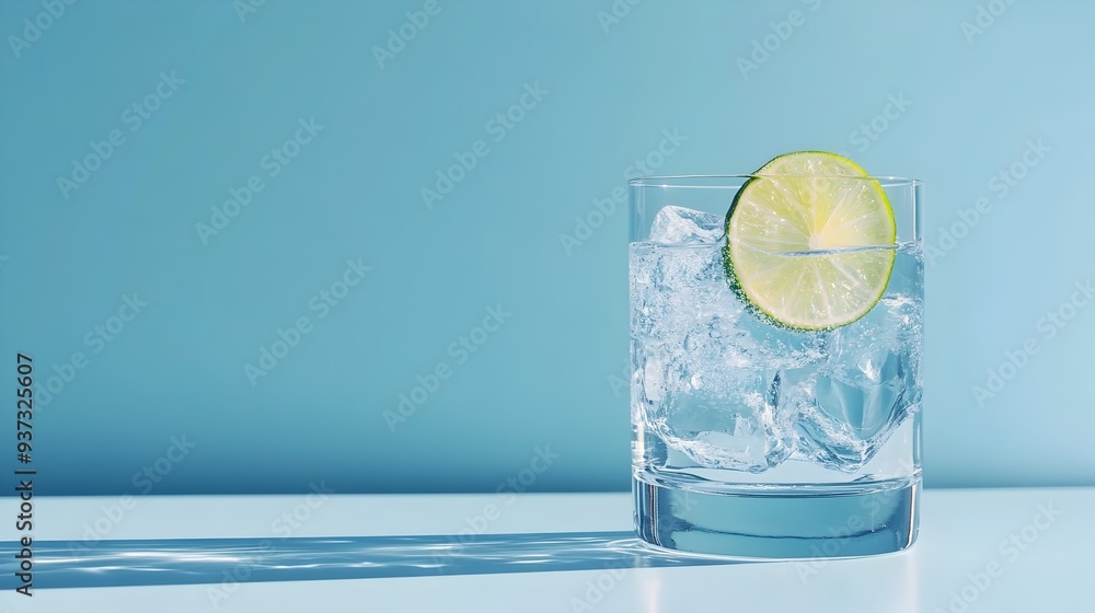 Poster closeup view of a chilled glass filled with clear refreshing iced water and a fresh slice of green l
