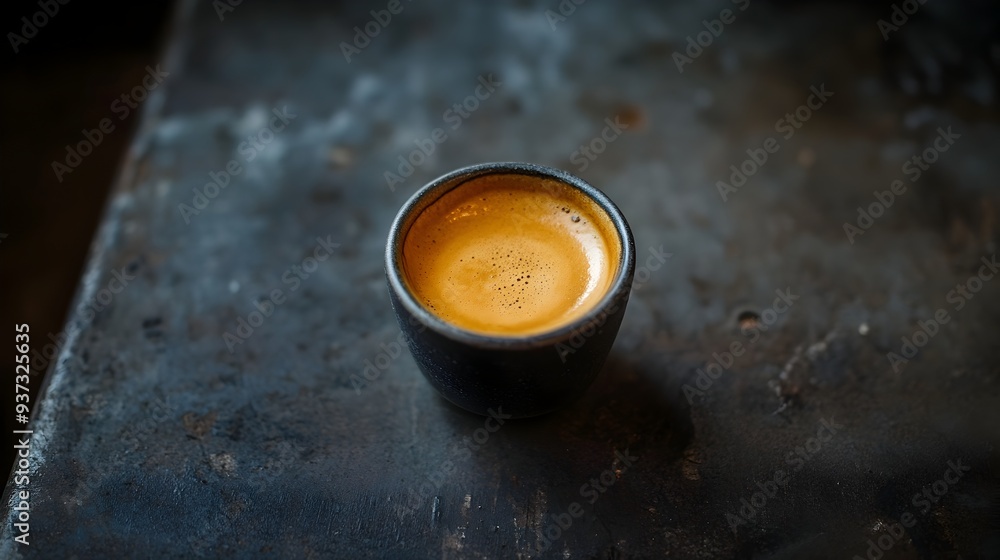Poster a close up photograph showcasing a freshly brewed espresso shot in a small elegant cup placed on a w