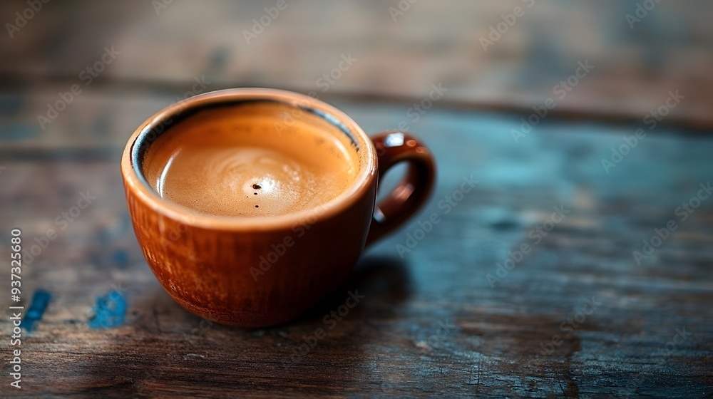 Poster closeup of a freshly brewed espresso shot served in a small ceramic cup with ample copy space around