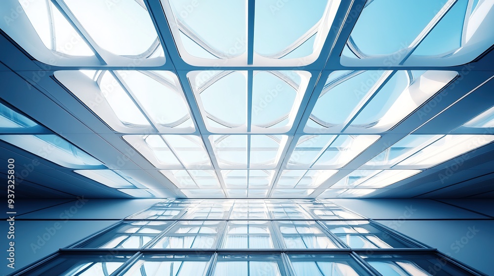 Poster modern architectural detail with a focus on skylights and geometric patterns, creating a minimalisti