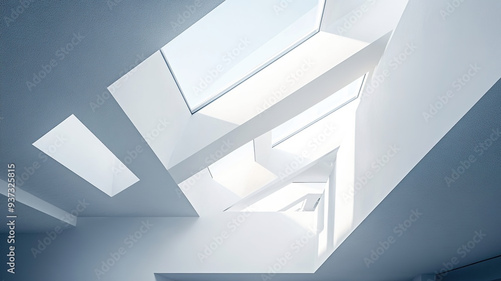Poster modern architectural detail with a focus on skylights and geometric patterns, creating a minimalisti