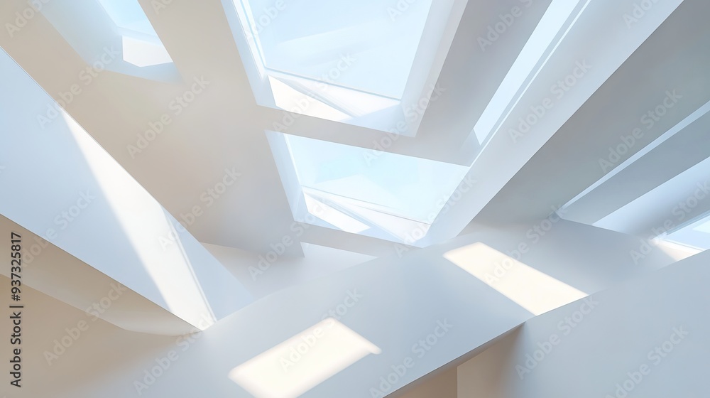 Poster modern architectural detail with a focus on skylights and geometric patterns, creating a minimalisti