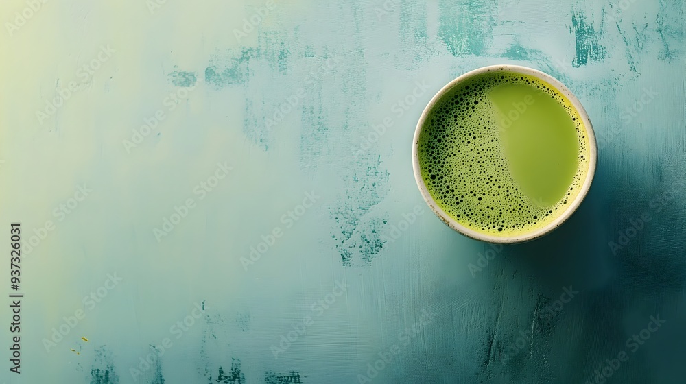 Poster a tranquil and comforting image of a hot matcha latte served in a traditional japanese style cup wit