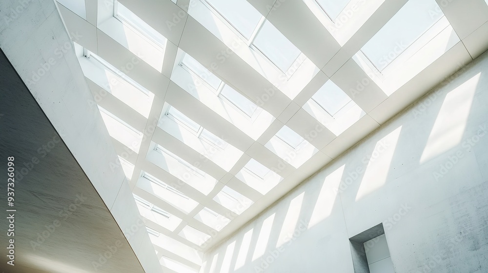 Poster modern architectural detail with a focus on skylights and geometric patterns, creating a minimalisti