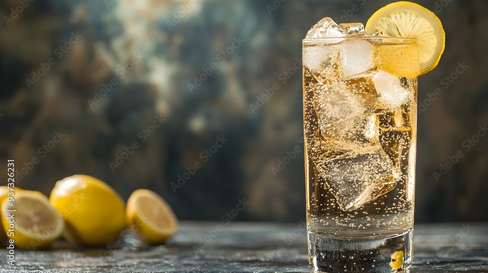 Poster refreshing sparkling soda with ice cubes and lemon slices in a tall transparent glass creating a coo