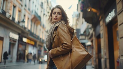 Fototapeta premium Fashionable woman with shopping bag. Urban lifestyle concept in bustling city