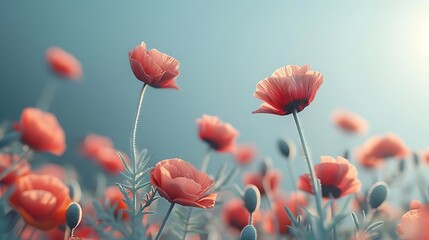 Fototapeta premium A serene field of delicate pink flowers swaying gently in the breeze under a soft, luminous sky.