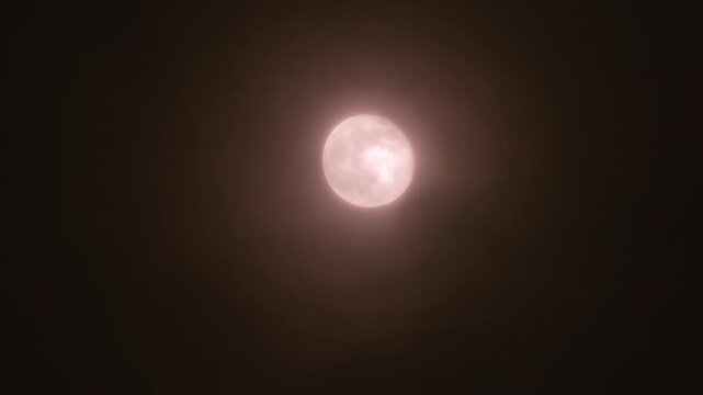 Pink Moon in a dark night sky with flying clouds and fog. Strawberry Full Moon