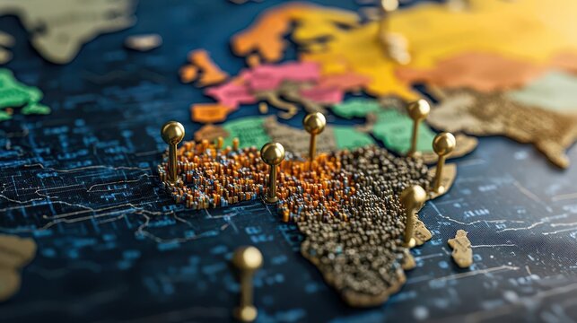 A detailed world map featuring geographical pins and vibrant colors emphasizing various regions and locations across the globe