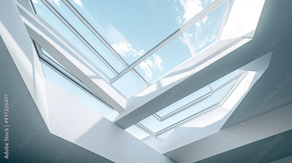 Poster modern architectural detail with geometric patterns and a focus on skylights, creating a minimalisti