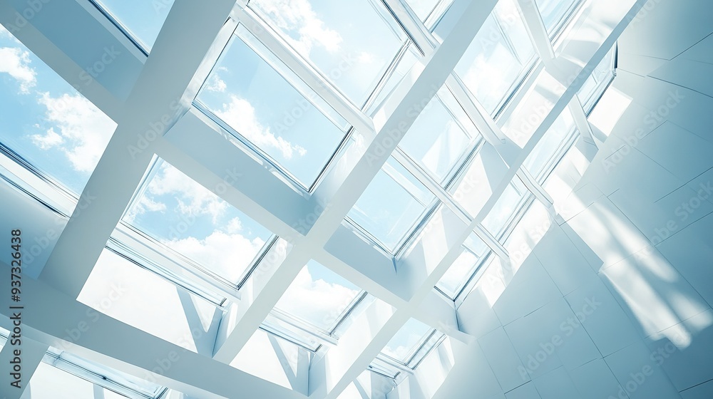 Poster modern architectural detail with geometric patterns and a focus on skylights, creating a minimalisti