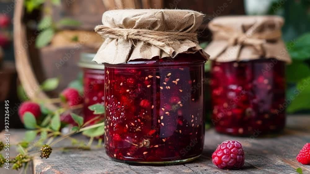 Poster raspberry jam in preserving glass jars with brown paper lids tied with twine sitting on a rustic woo