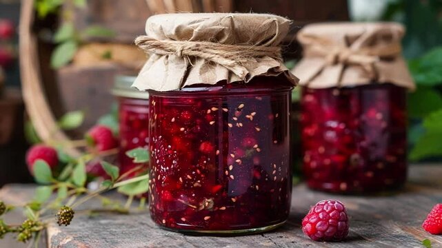 Raspberry jam in preserving glass jars with brown paper lids tied with twine sitting on a rustic wooden surface with fresh raspberries