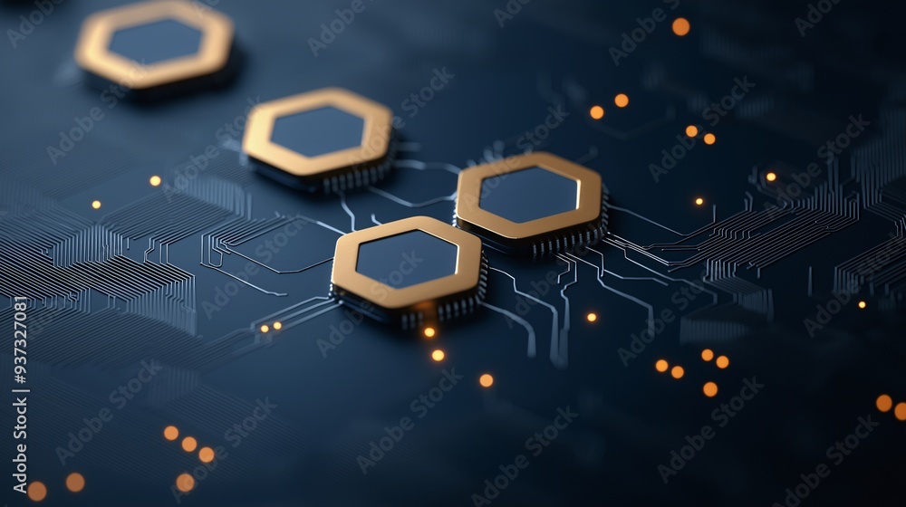 Poster hexagon microchips on circuit board: a close-up of hexagonal microchips nestled on a complex circuit
