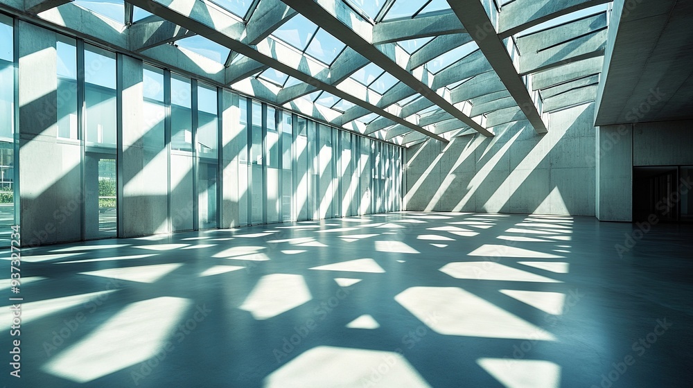 Poster modern architecture with geometric skylights, casting intricate shadows on the concrete floor