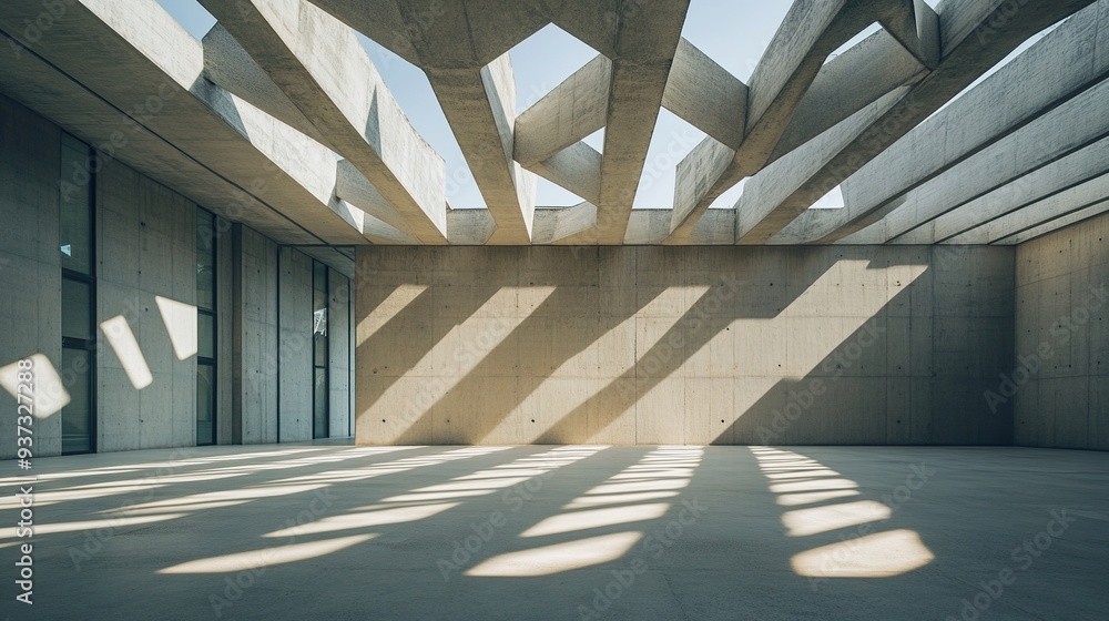 Poster modern architecture with geometric skylights, casting intricate shadows on the concrete floor