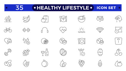 Healthy Lifestyle icon set with nutrition, exercise, sleep, stress management, hydration, mental, mindfulness and yoga.Healthy Lifestyle outline icon set.
