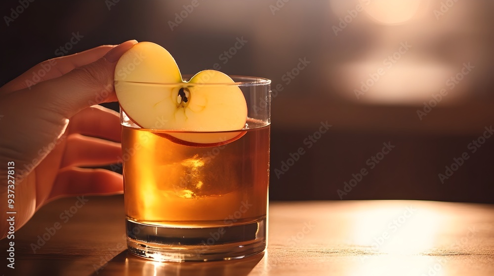 Aufkleber closeup of a refreshing glass filled with vibrant golden apple juice garnished with a fresh slice of