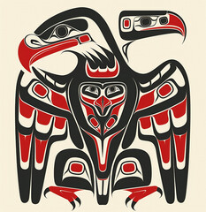 Traditional Inuit Eskimo Haida folk art of a stylized eagle in textured black, white and yellow for logo or tattoo. Pacific Northwest Hida art.