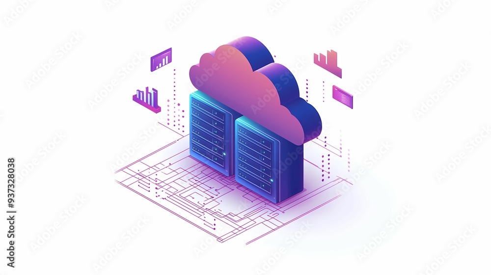 Aufkleber a digital illustration of a cloud storage system with servers, symbolizing data management and techn