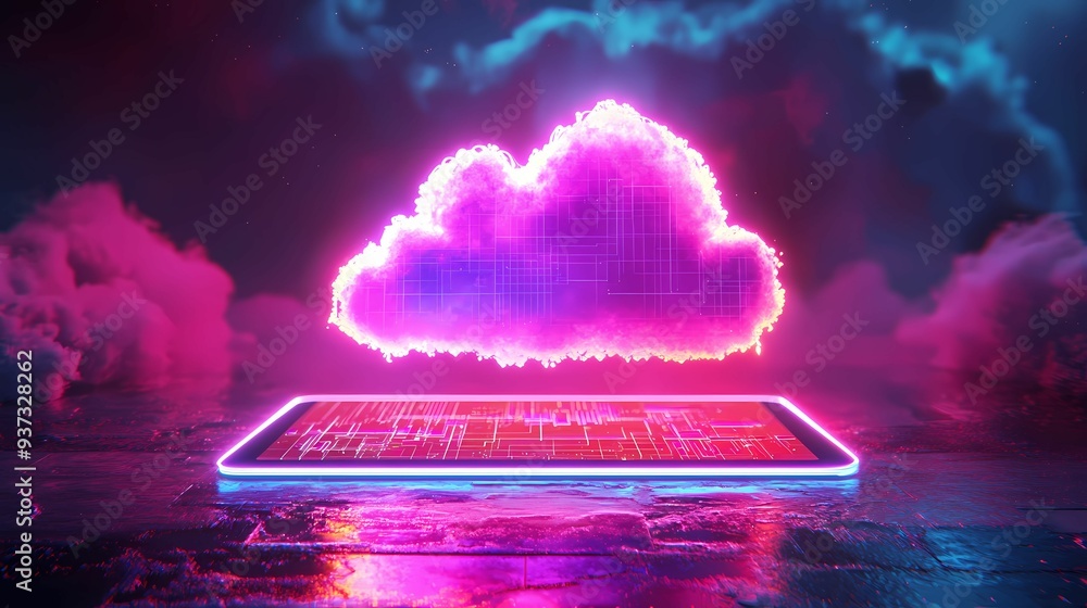 Poster a vibrant neon cloud icon emerging from a digital tablet, symbolizing data transfer and cloud comput