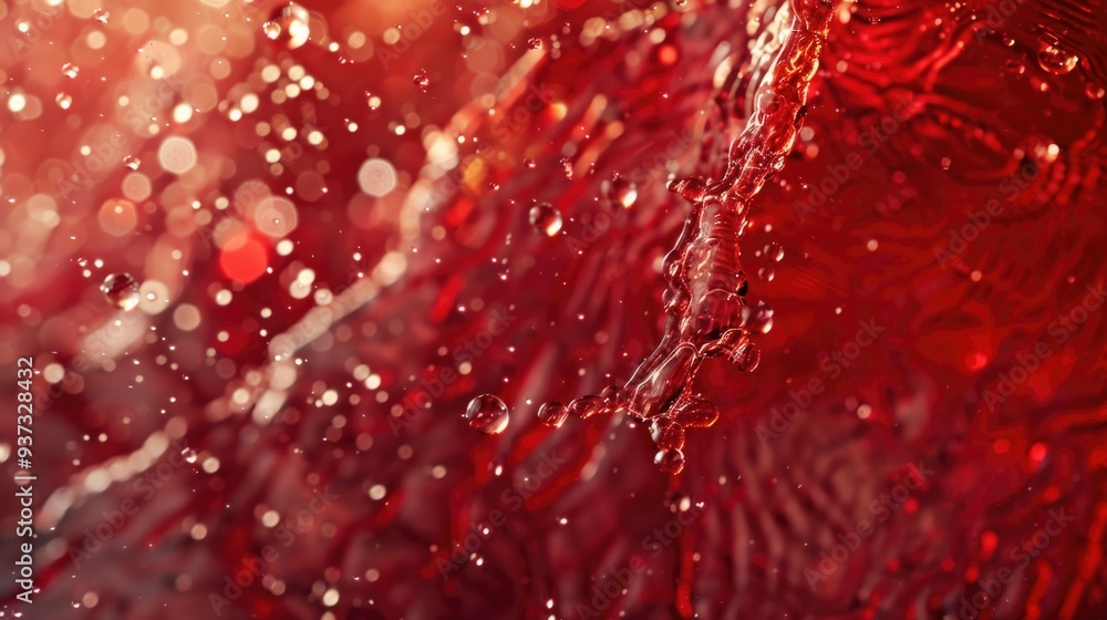 Poster close-up of red wine splashing with bubbles and dew point on glass. abstract wine texture with red w