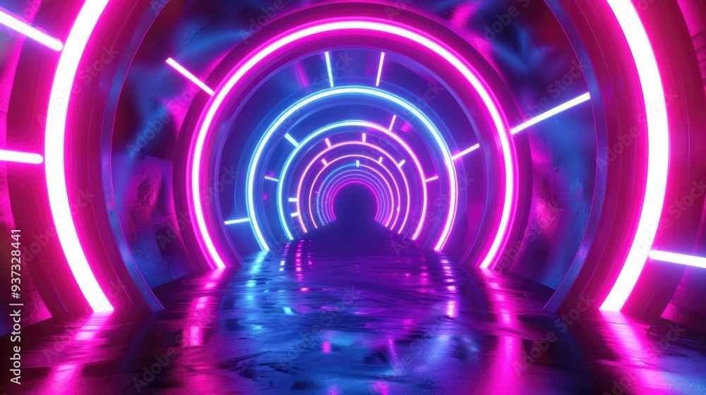 Poster dynamic neon lights speed tunnel background for graphic design and branding projects.