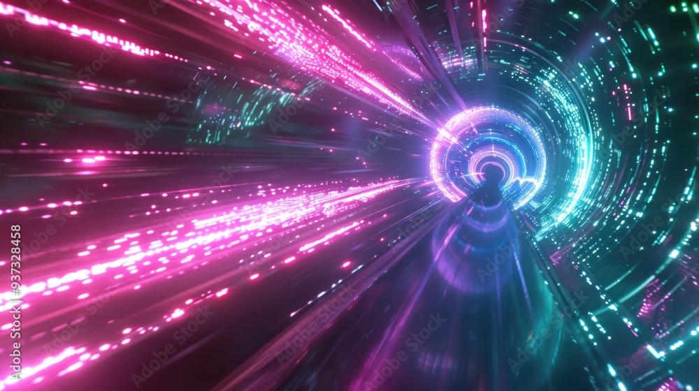 Poster futuristic portal tunnel with glowing neon lines creating a high-speed wave effect.