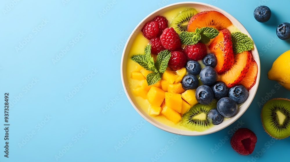 Aufkleber overhead view of a colorful and nutritious smoothie bowl filled with blended fruits and topped with 