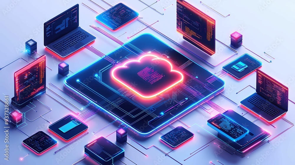 Poster futuristic cloud computing concept with neon effects and digital devices connected through circuitry